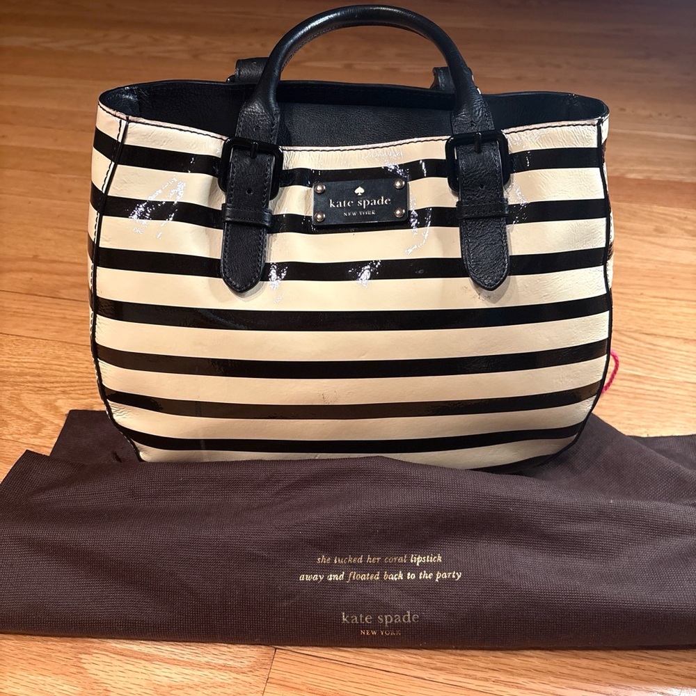 Kate Spade New York Black & Cream Striped Satchel Tote Bag w/ Dust